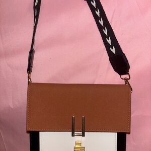 Elegant Brown and White Crossbody OBLANCIA Bag with Gold Hardware